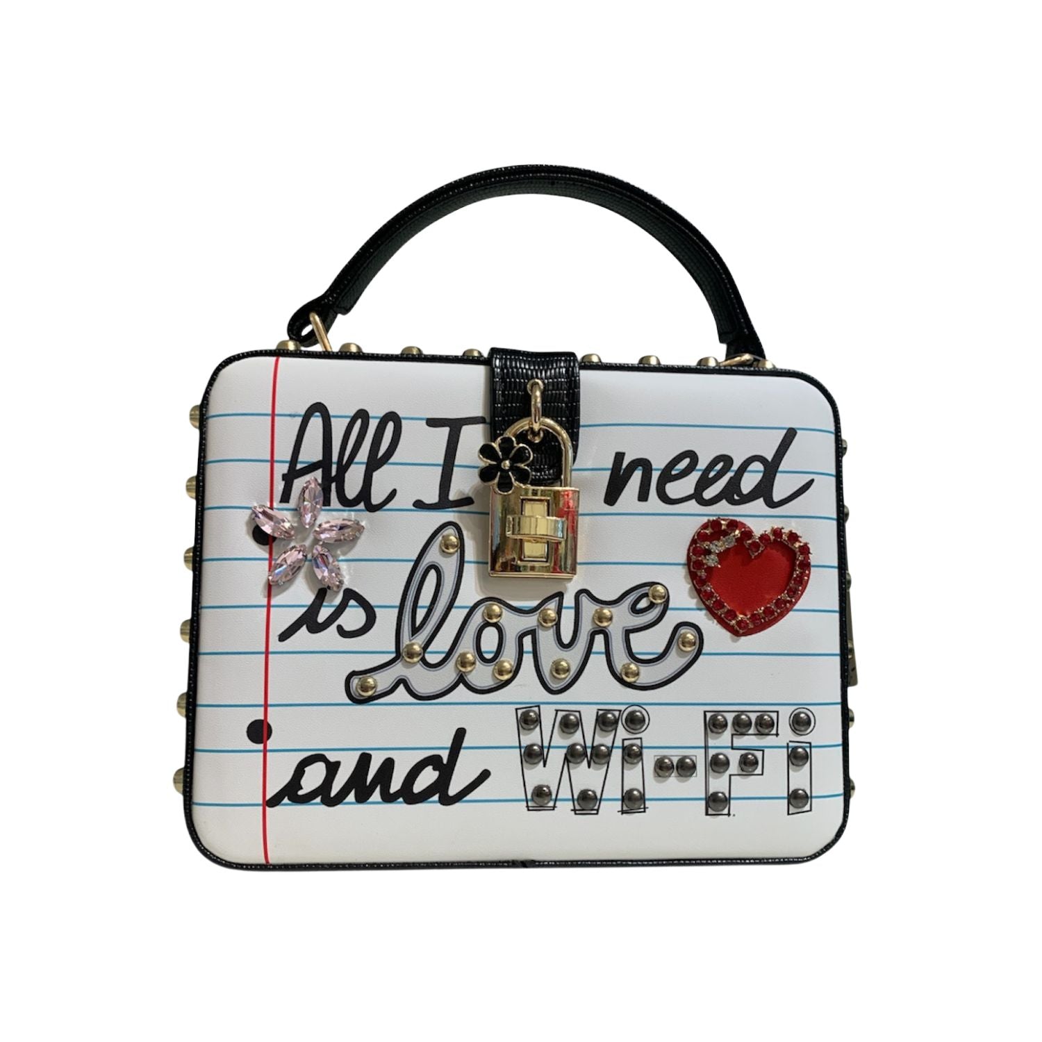 Handbag with decorative text and heart design