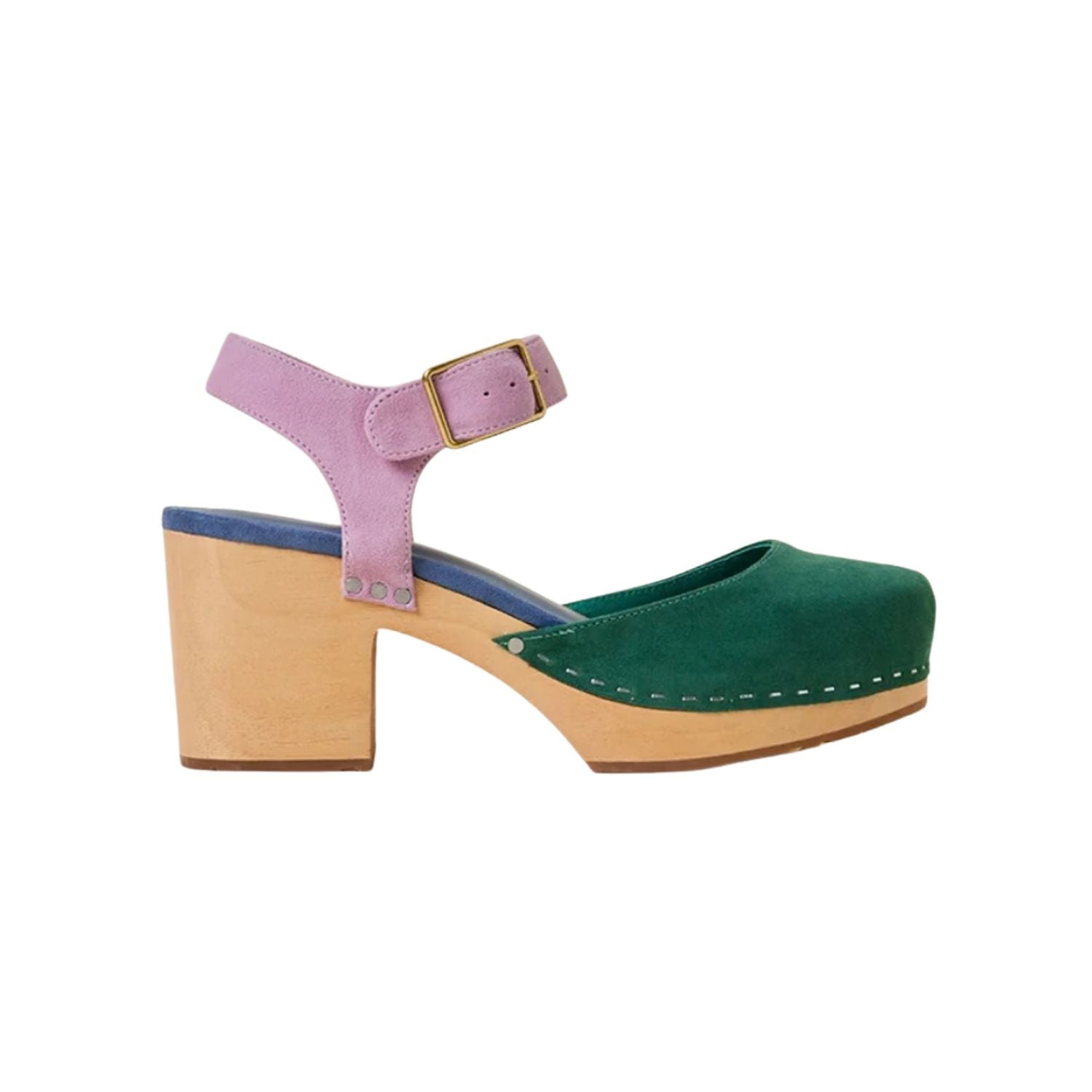 Green and blue suede clog shoe with pink strap with gold strap, and wooden sole