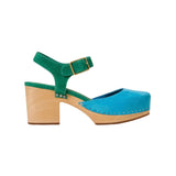 Green and blue suede shoe with golden buckle and wooden heel