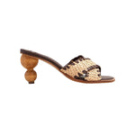 Brown and tan woven sandal with wooden bubble heel 