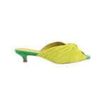 Yellow pleated kitten pen back sandal with a green heel 