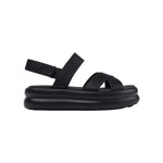 Black platform sandal with a thick sole and multiple straps 