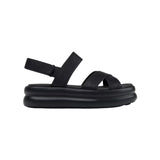 Black platform sandal with a thick sole and multiple straps 