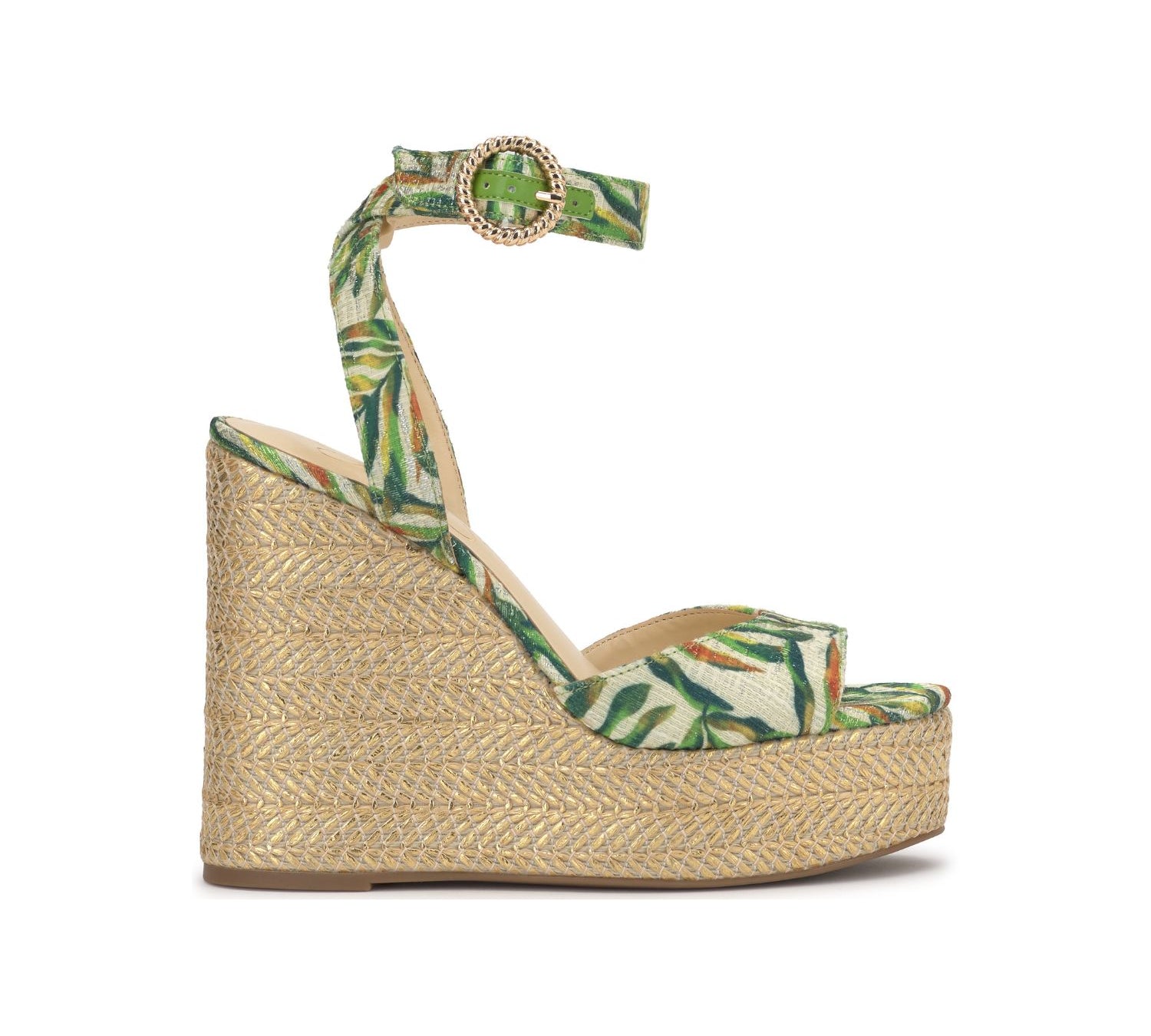 raffia and leaf wedge sandal with buckle strap closure