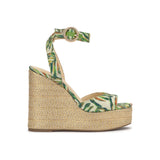 raffia and leaf wedge sandal with buckle strap closure