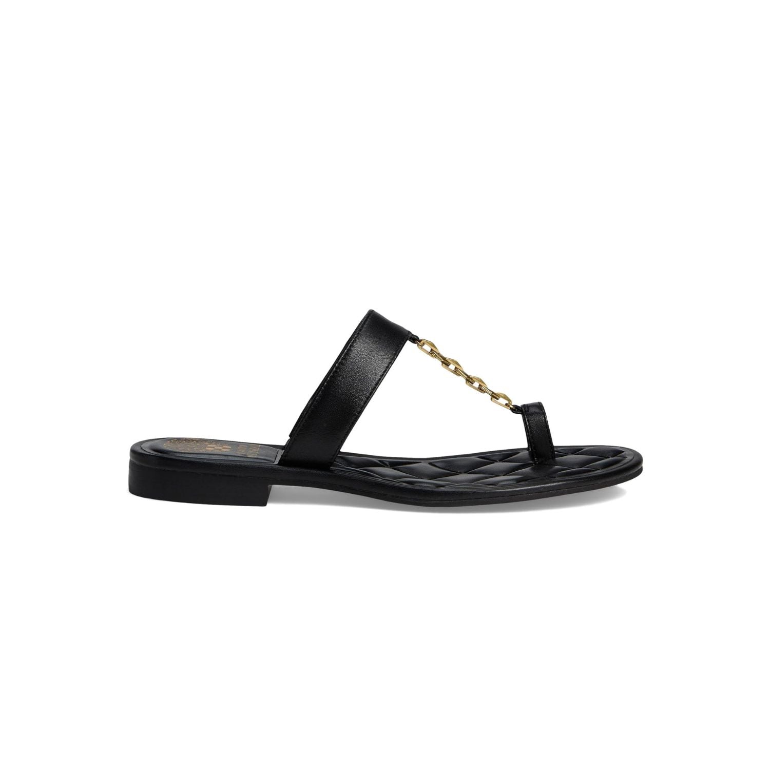 Black sandal with a gold chain with small heel