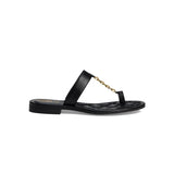 Black sandal with a gold chain with small heel