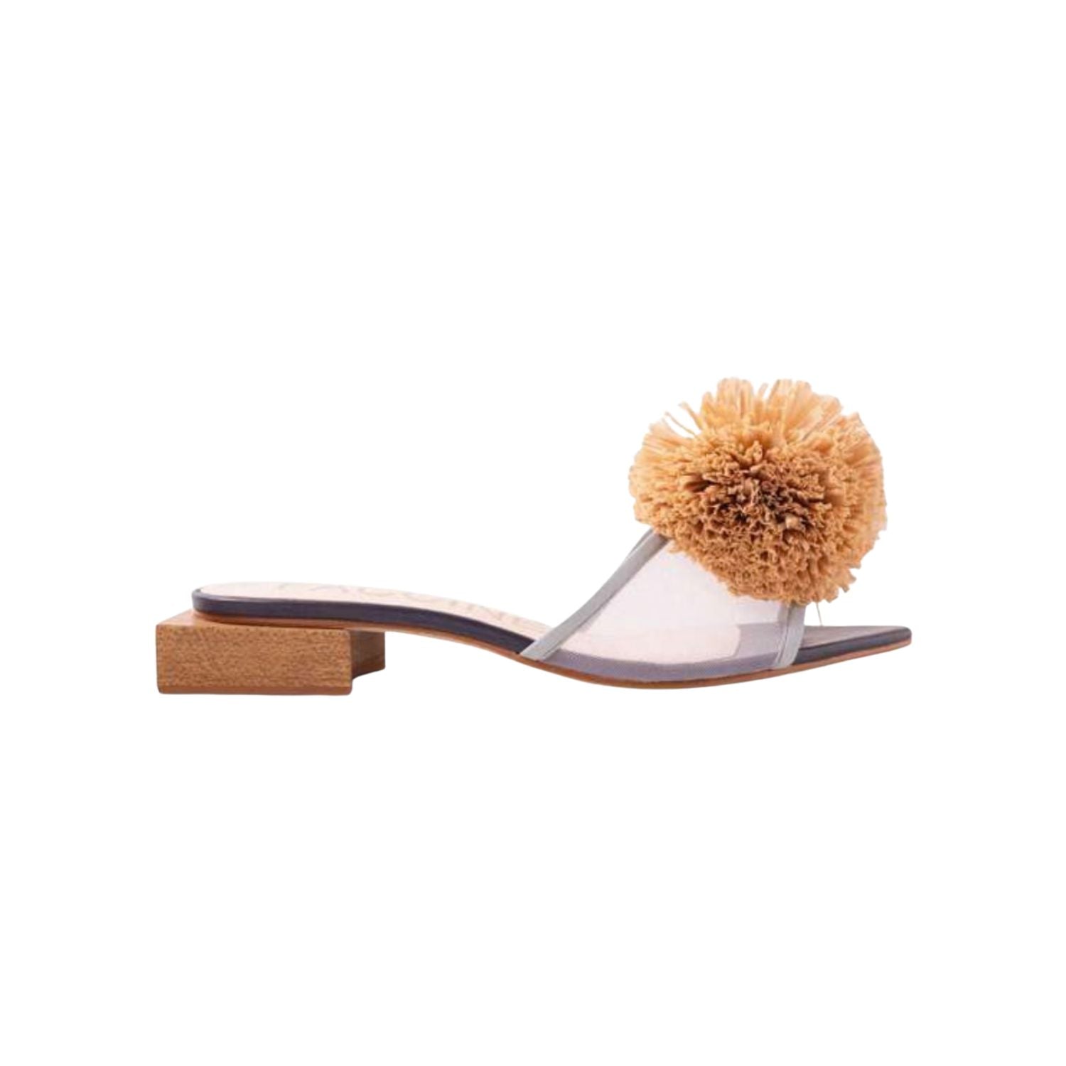 Sandal with a brown pom-pom and square heel