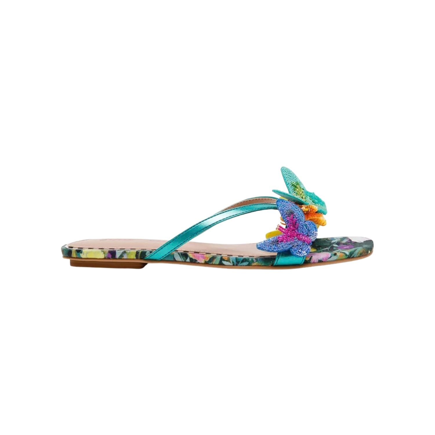 Colorful sandal with teal thong strap and butterfly embellishments