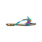 Colorful sandal with teal thong strap and butterfly embellishments