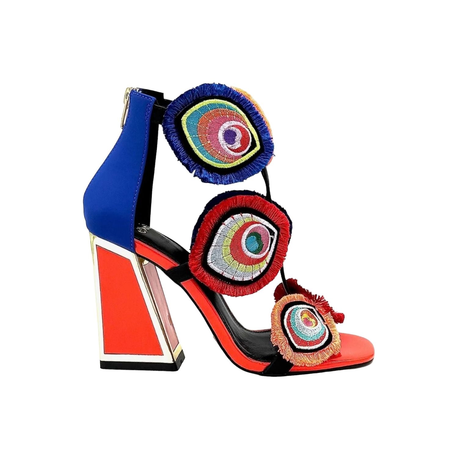Colorful large heel with three peacock feather elements and zipper closure