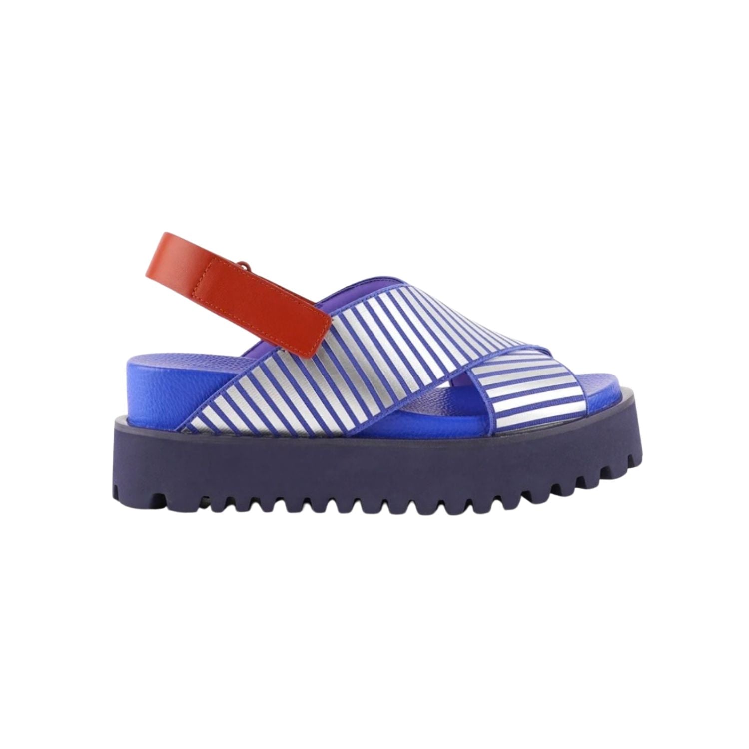 Blue and white striped sandal with a brown strap shot