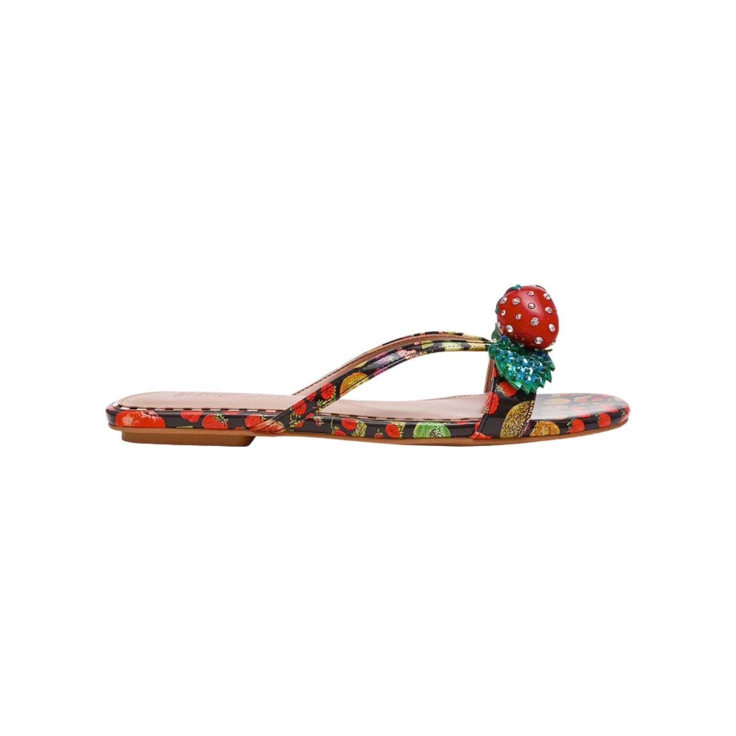Colorful sandal with a decorative strawberry on toe strap