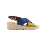 Blue and green wedge with a beige sole, brown heel strap and buckle closure
