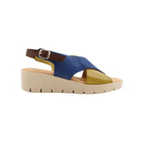 Blue and green wedge with a beige sole, brown heel strap and buckle closure