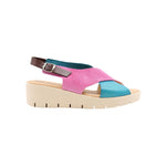 Pink and blue wedge with a beige sole, brown heel strap and buckle closure