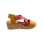 Yellow wedge with pink straps and beige heel