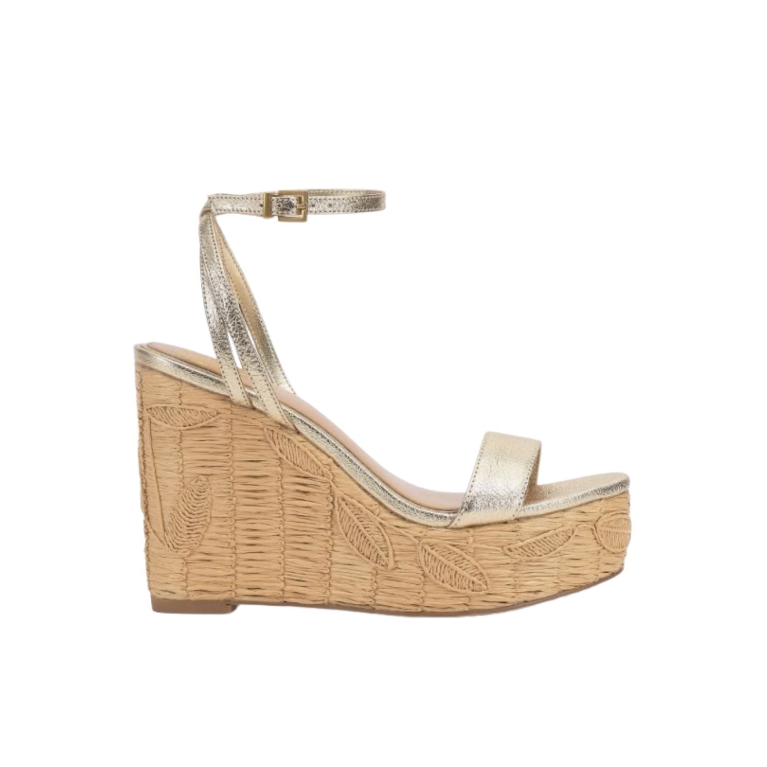 Beige wedge sandal with gold metallic straps and buckle closure