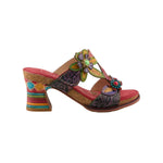 Colorful open-back heel with purple straps, floral designs and rainbow colors