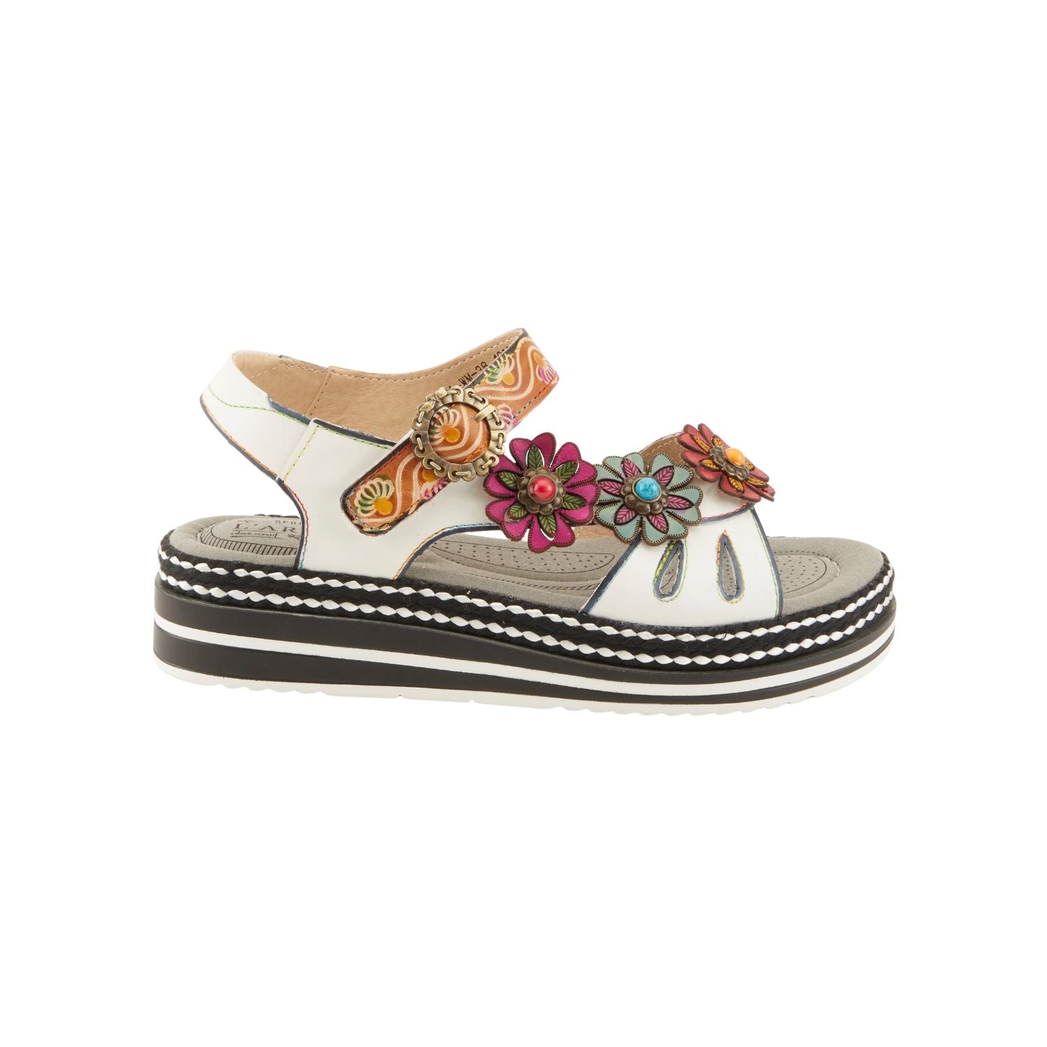 White sandal with colorful floral decorations and black & white sole