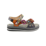 Black sandal with colorful floral decorations and black & white sole