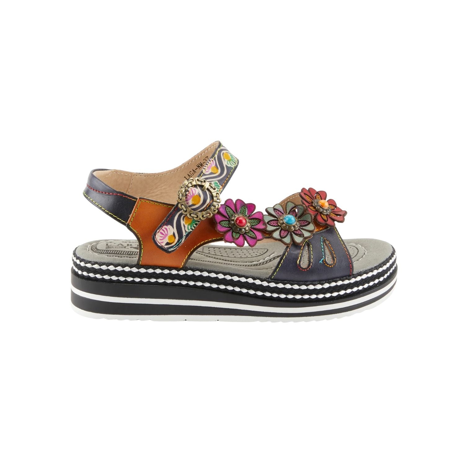 Black sandal with colorful floral decorations and black & white sole