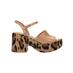 Leopard print platform heel with beige straps