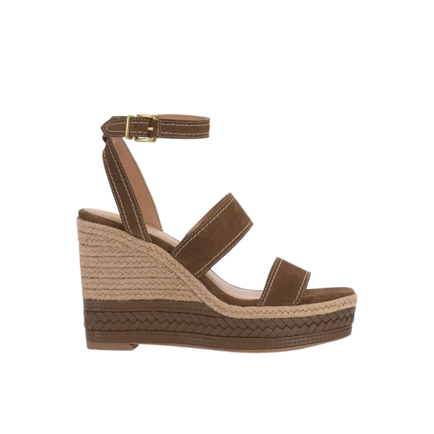 Brown wedge sandal with espadrille sole and buckle closure