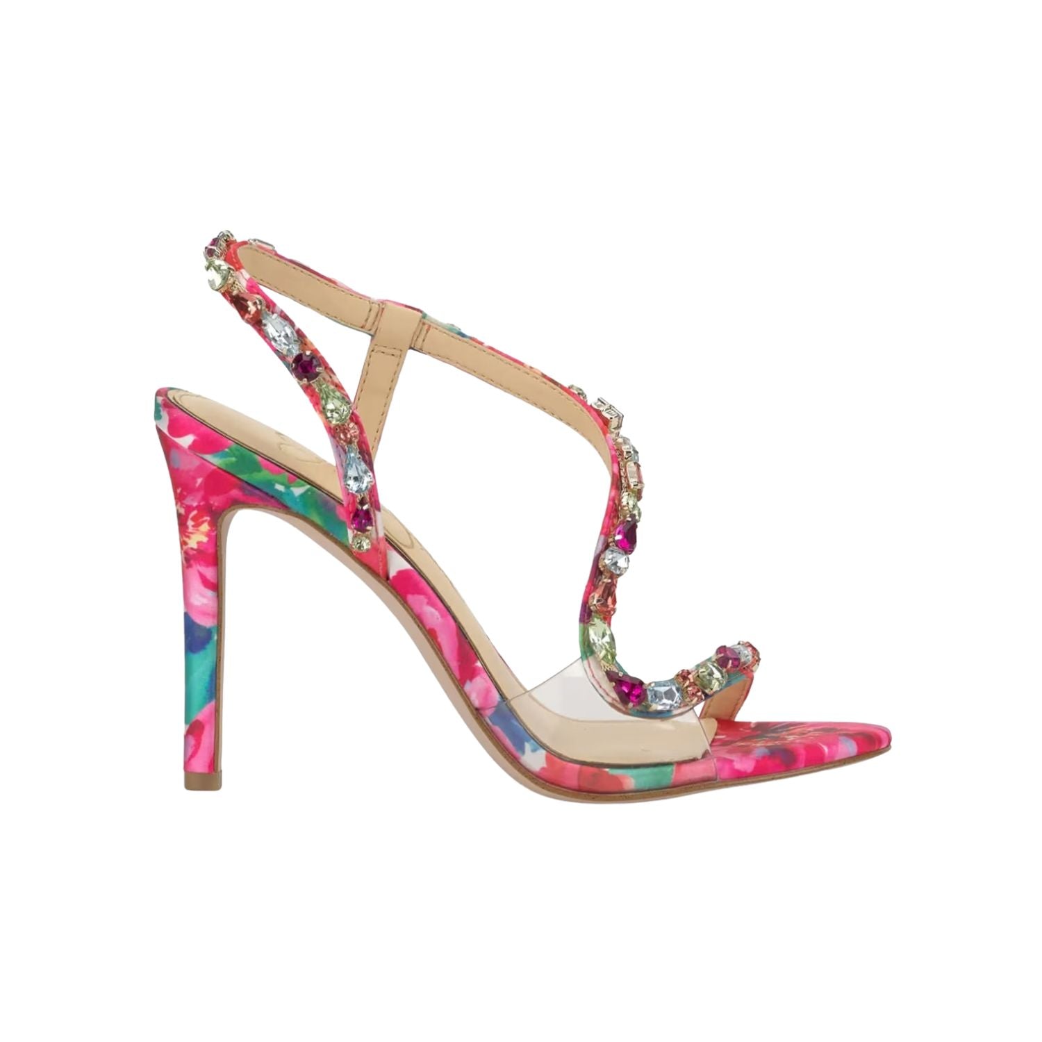 Colorful sling back heel with floral design and gemstones