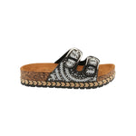 Black sandal with white pearl embellishments & cork sole
