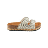 Silver sandal with white pearl embellishments & cork sole