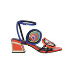 Colorful heel with peacock feather elements and blue strap buckle closure