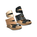 Pair of wedge sandals in black and beige