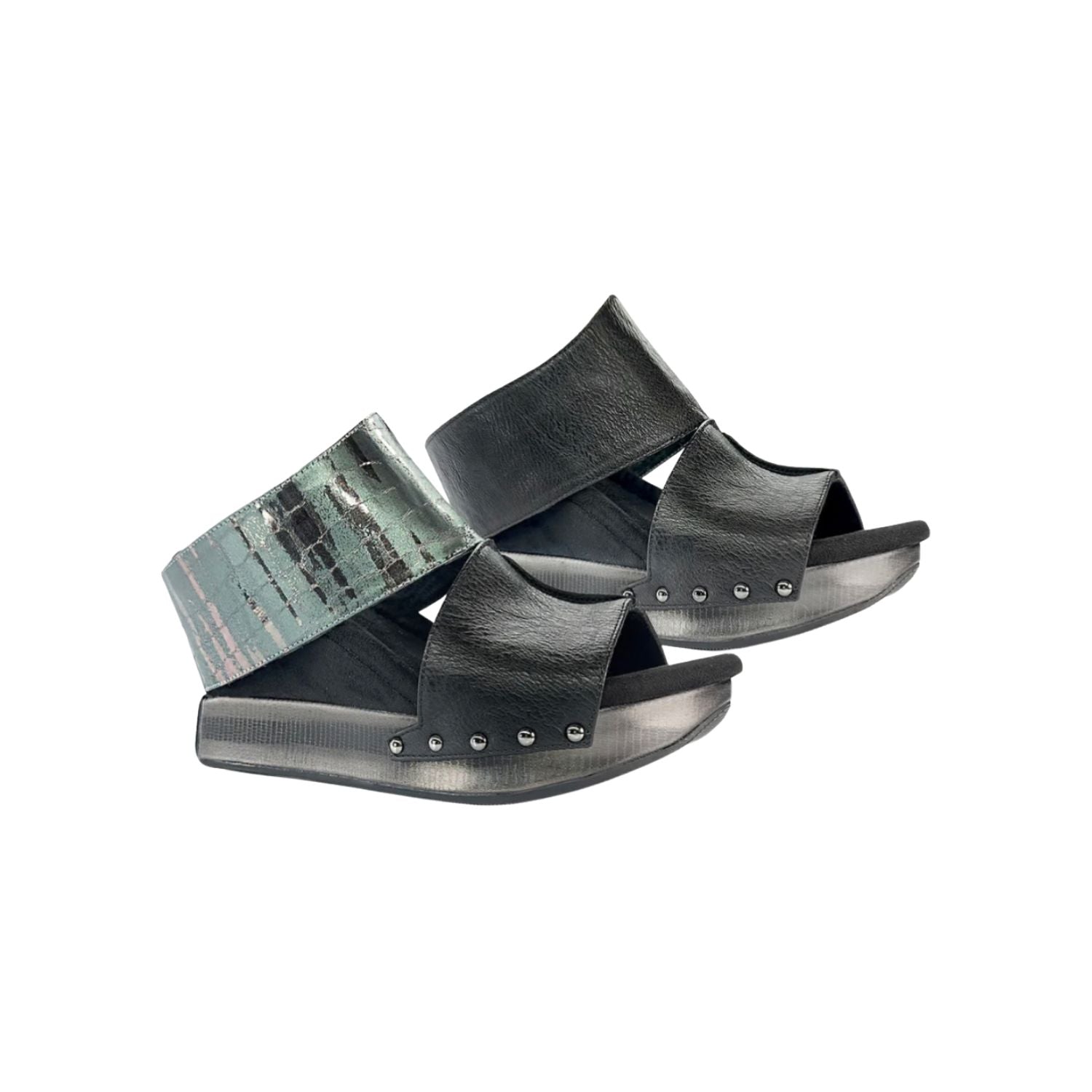 Black wedge sandals with black and alligator-like leather