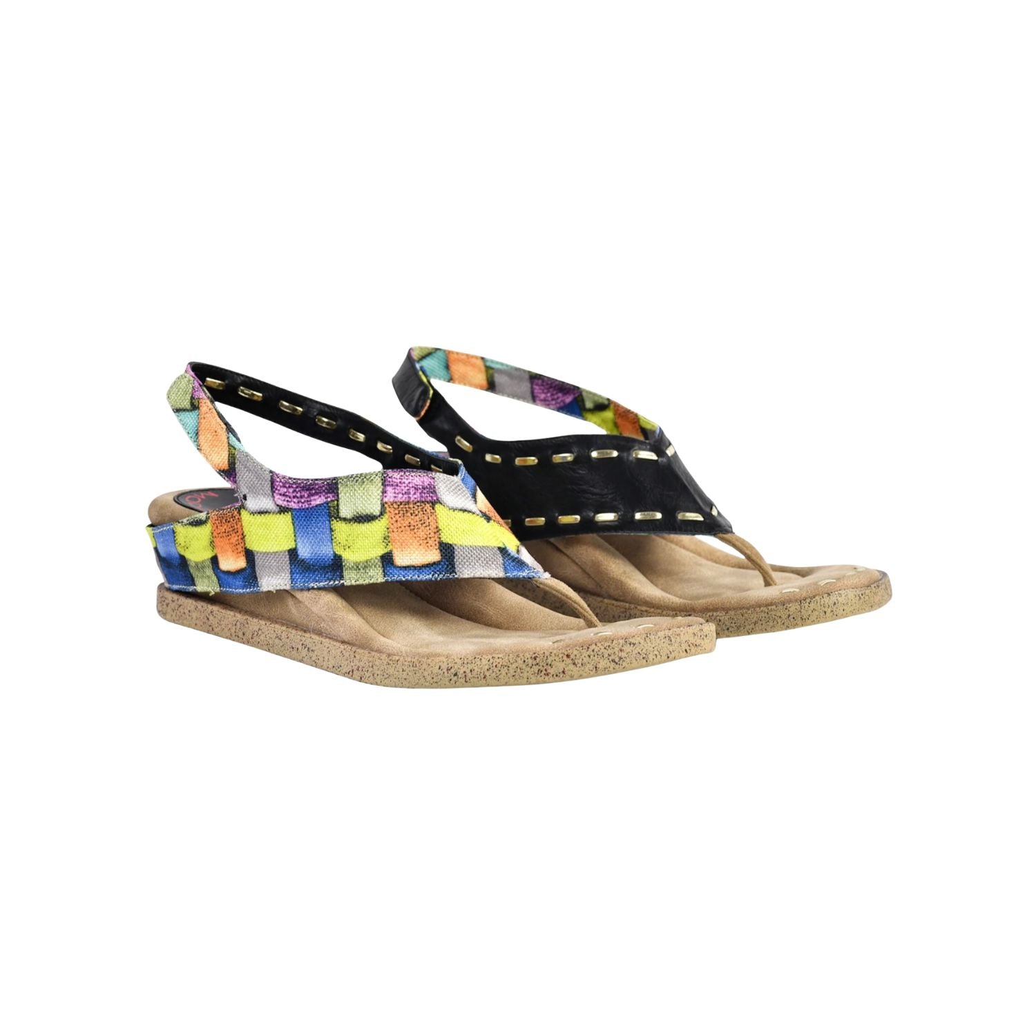 Colorful woven sandal with a black strap