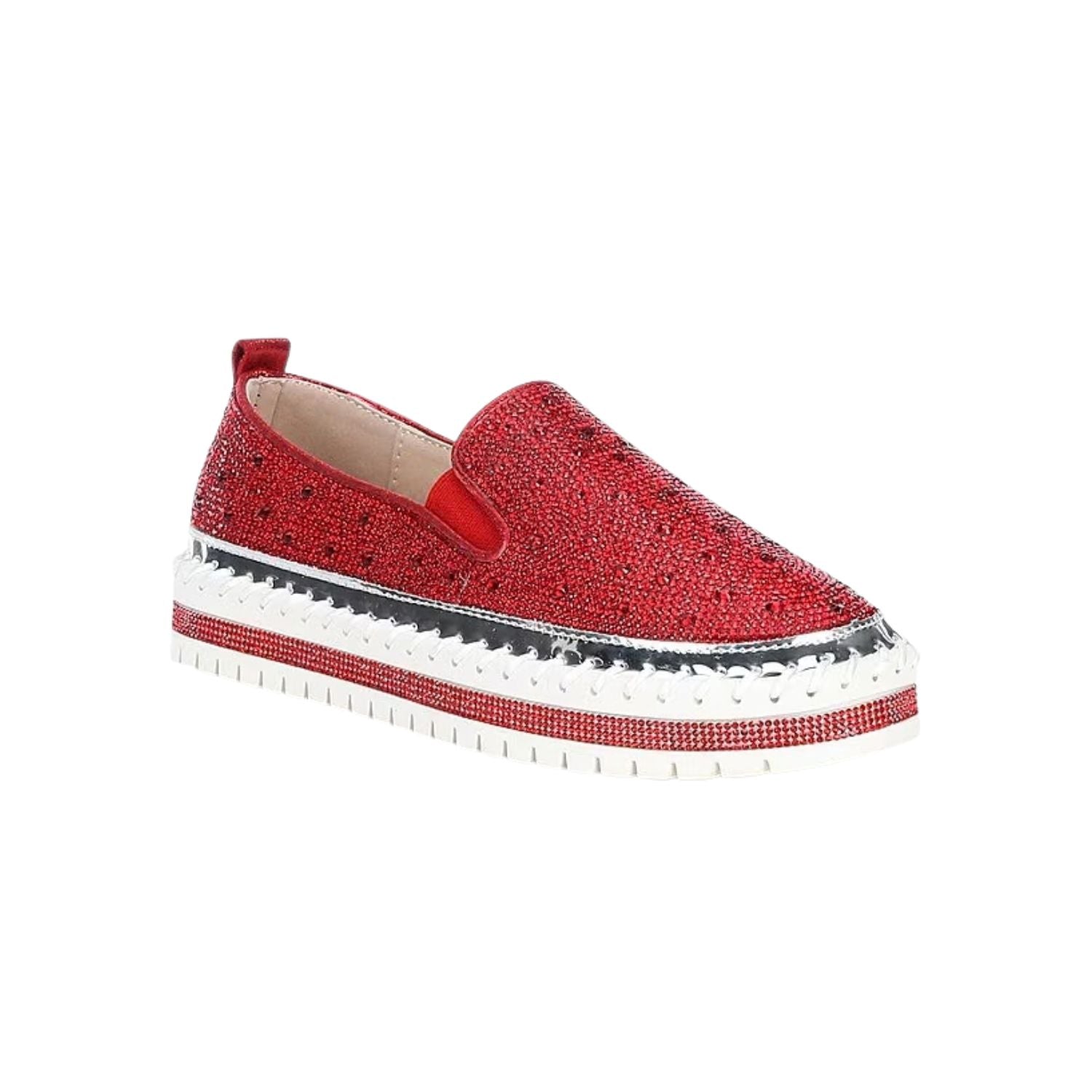 Red bejeweled slip-on shoe with a white sole