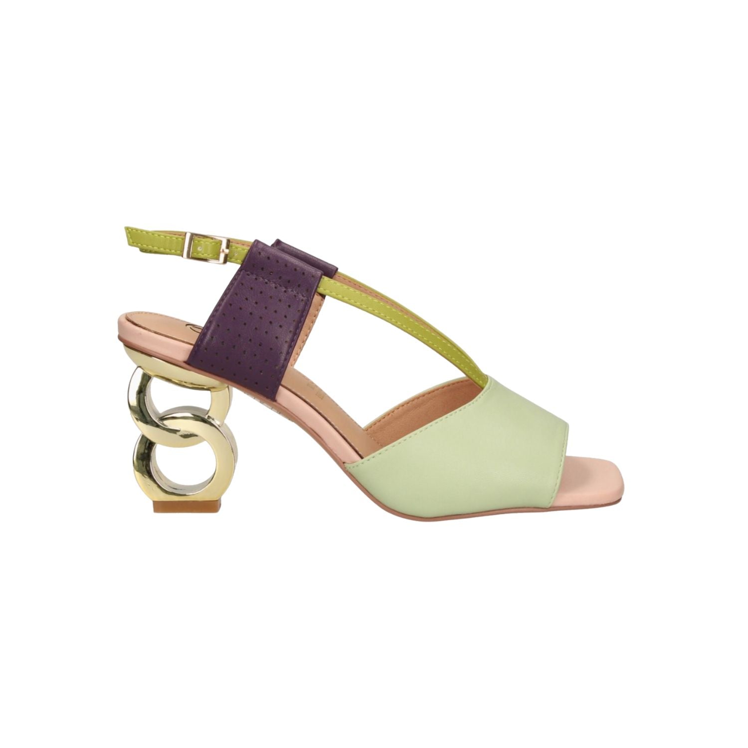 Green heel with green & purple strap and gold heel