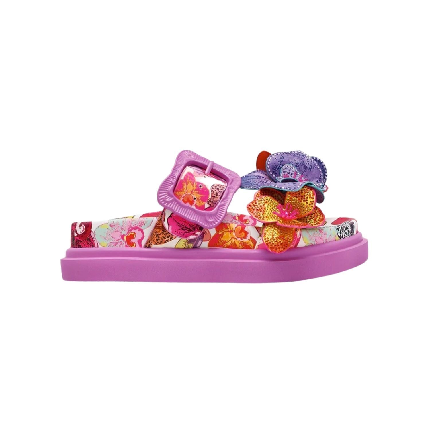 Colorful pink sandal with floral design and embellishments
