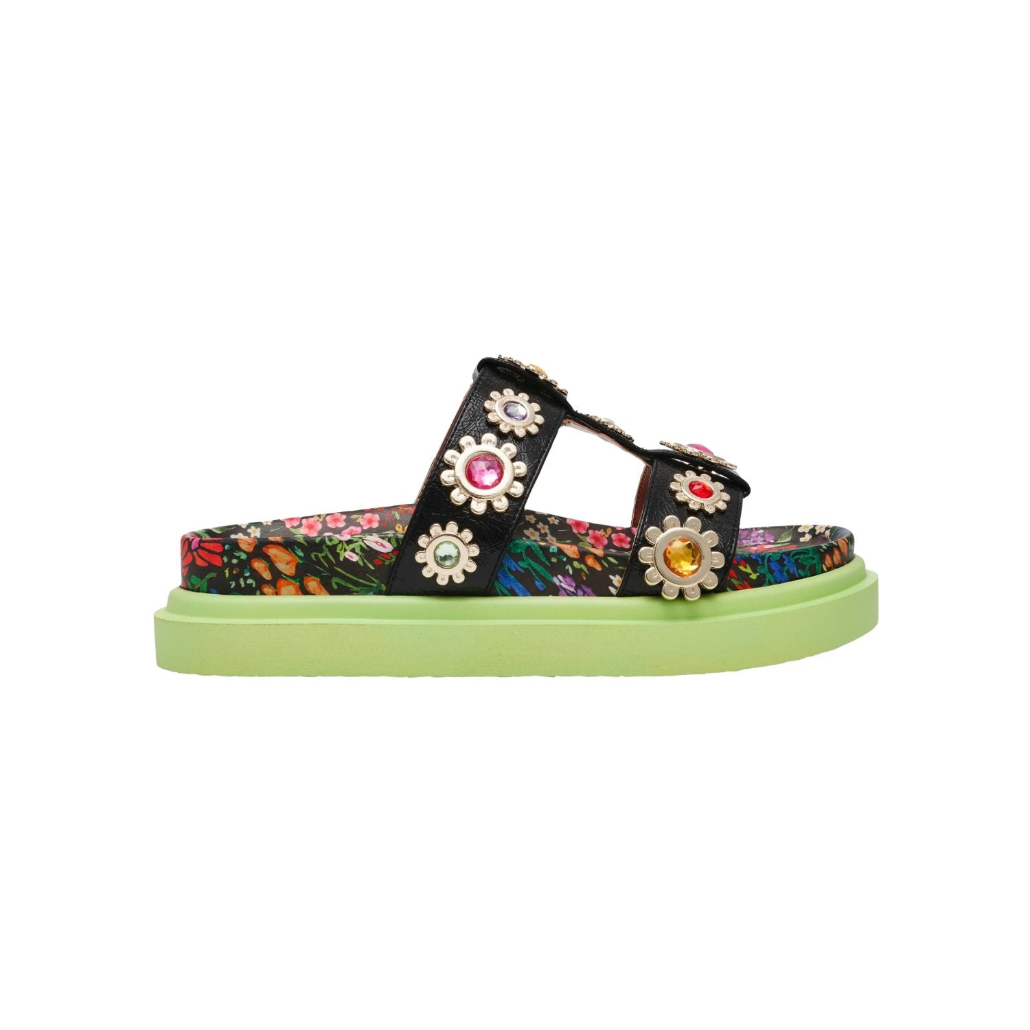 Floral sandal with colorful jewel embellishments and green heel