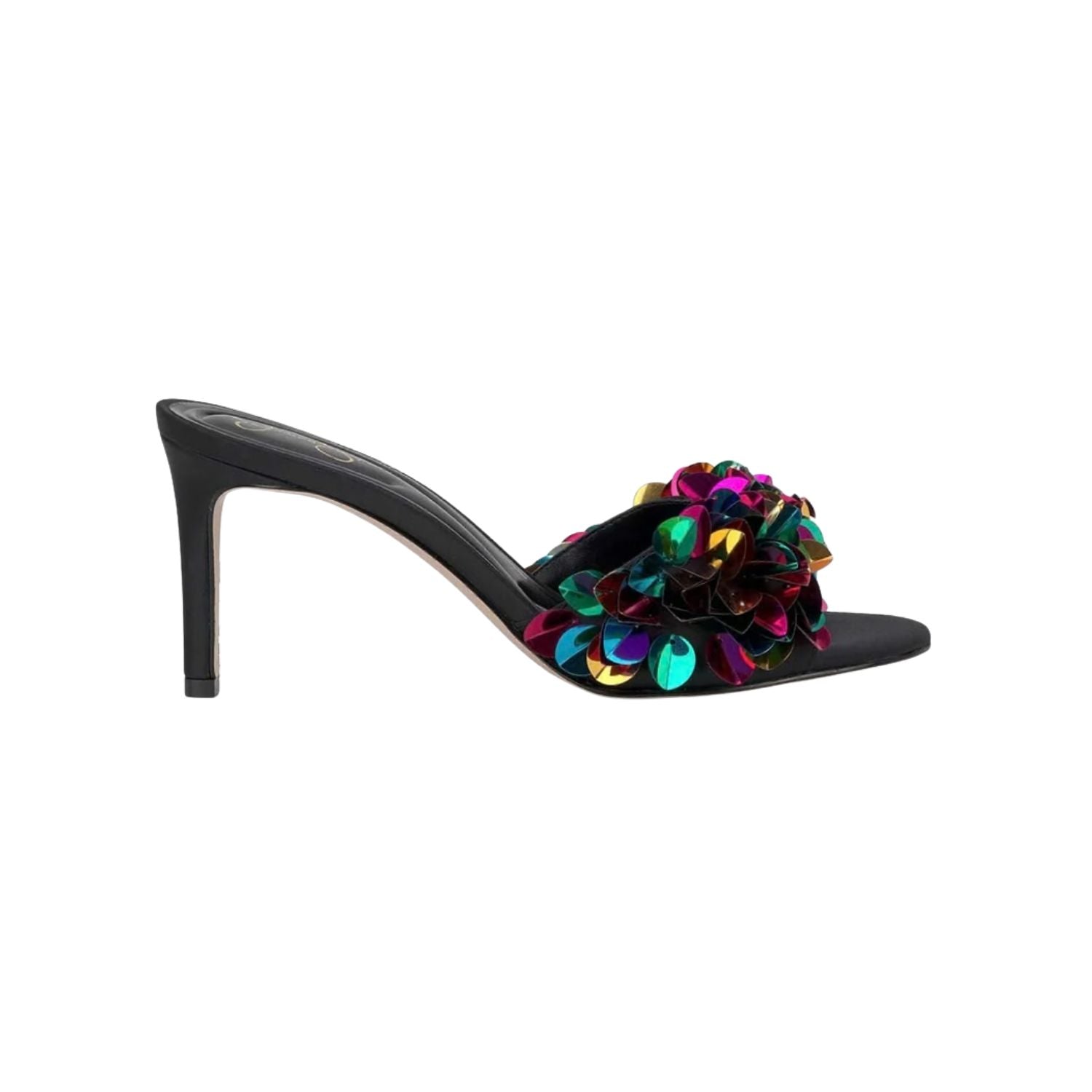 Black high-heeled shoe with colorful floral sequin embellishments