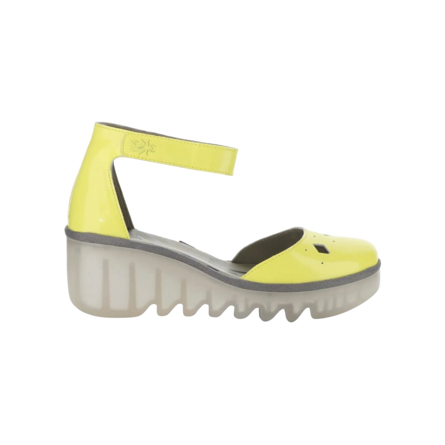 Yellow wedge with clear sole and velcro strap