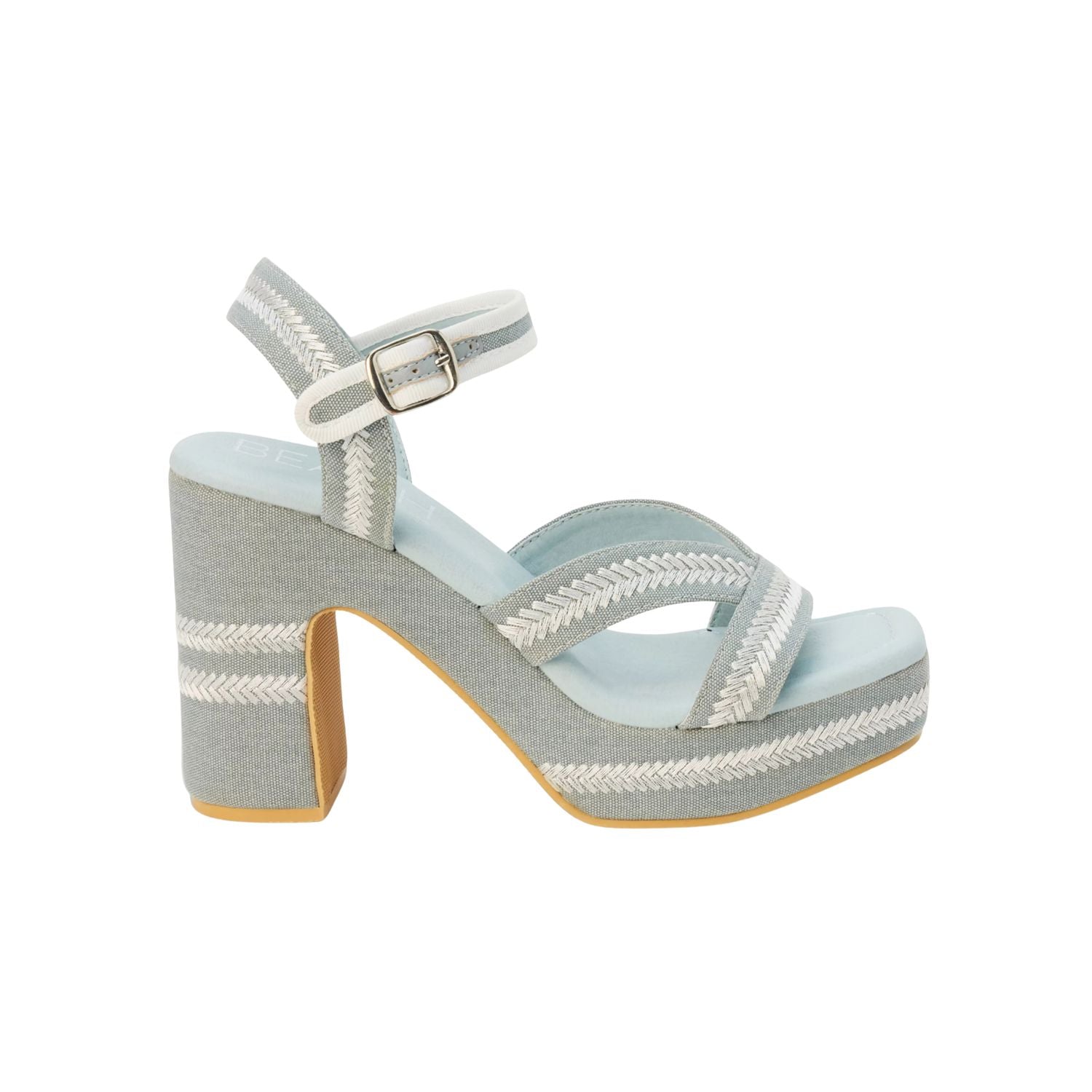 Blue heel with woven white straps