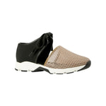Black sneaker with beige mesh toe box with a white sole
