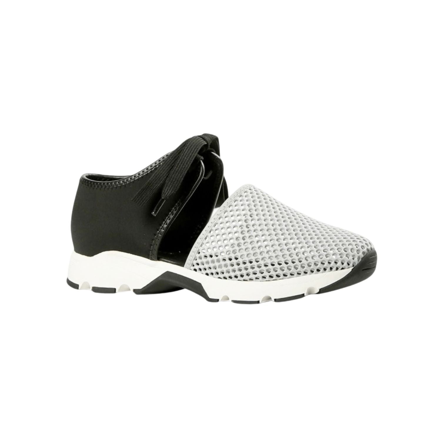 Black sneaker with gray mesh toe box with a white sole