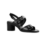 Black heel with decorative straps and buckle closure