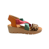 Colorful pink and green strap wedge with leopard print toe strap