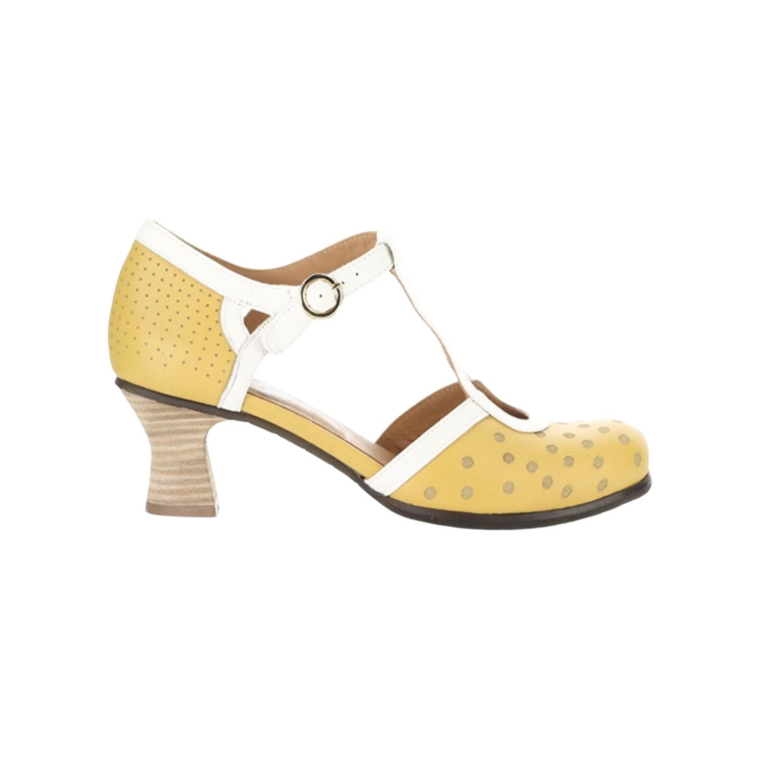 Yellow polka-dot shoe with white straps and buckle closure