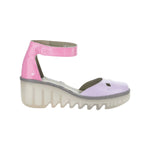 Pink and purple sandal with a transparent sole and pink ankle strap