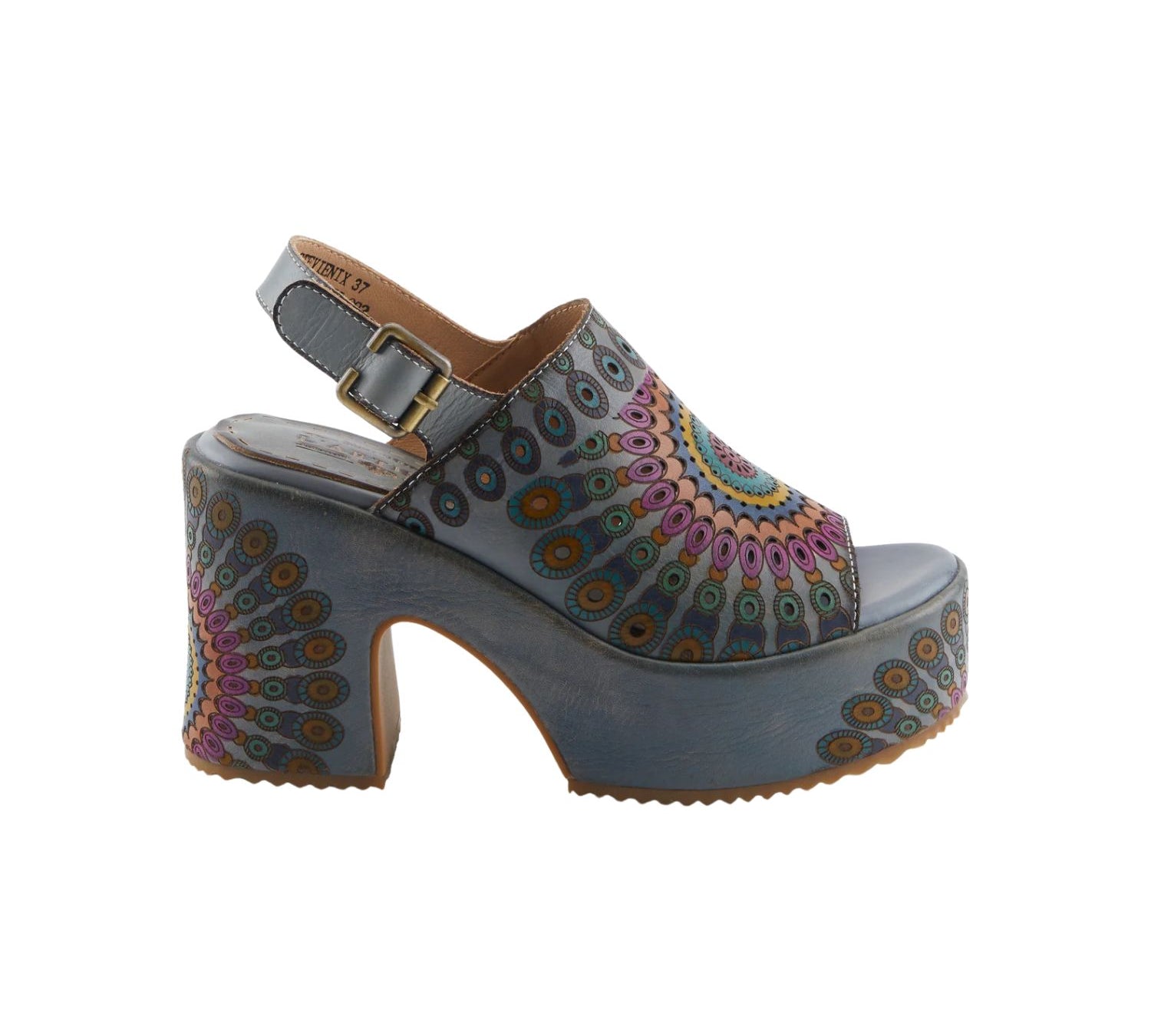 multi colored hand painted boho platform slingback sandal with adjustable strap