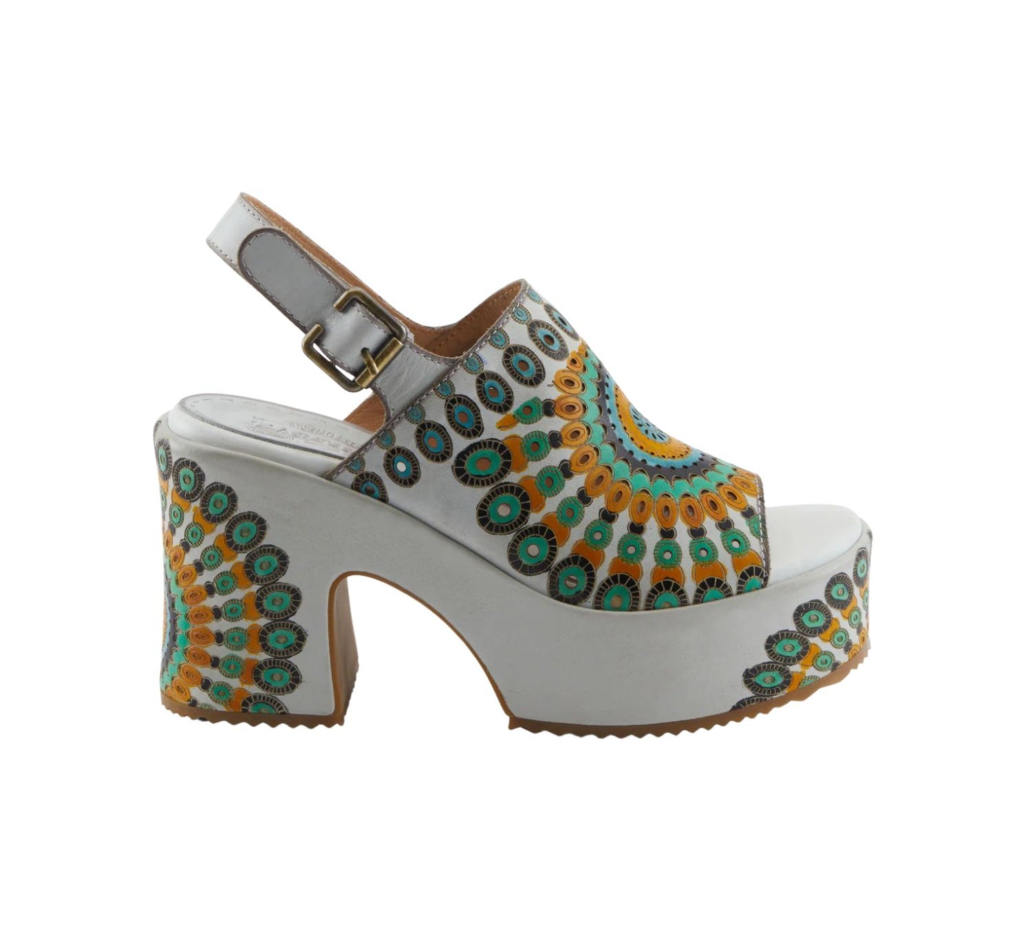 multi colored earth tones boho hand painted platform slingback sandal with adjustable strap